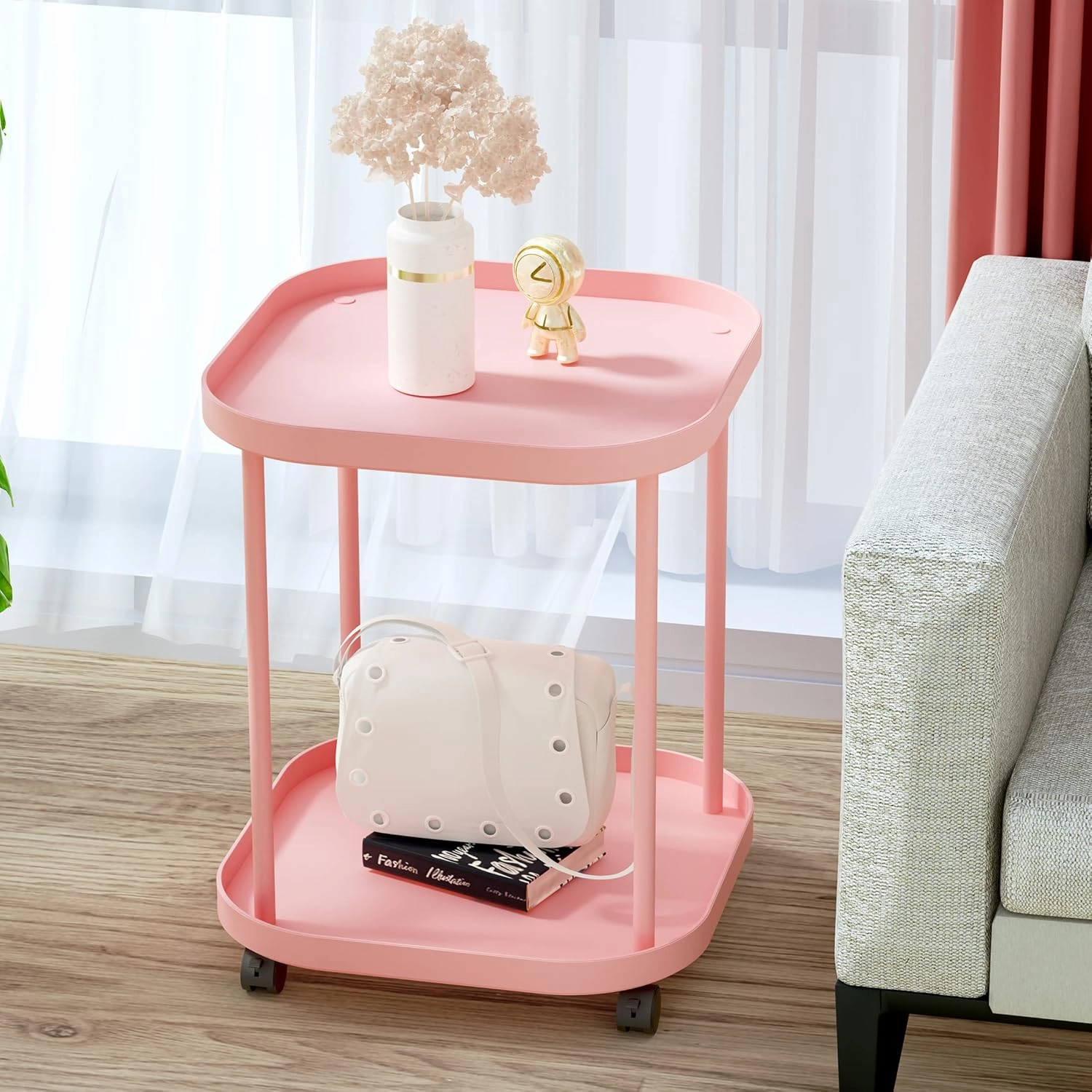 Side Table with Wheels, End Table Living Room Plastic Mobile Sofa Side Table Small Night Stand Bedroom Pink