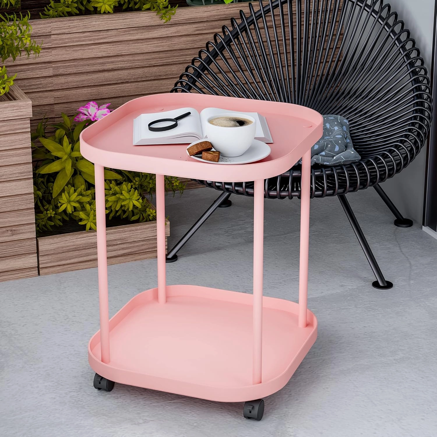 Side Table with Wheels, End Table Living Room Plastic Mobile Sofa Side Table Small Night Stand Bedroom Pink