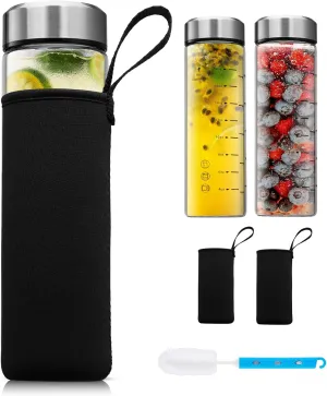SIEROZUR Glass Juice Bottles 20 oz-2 Pack Leak Proof Wide Mouth Water Bottle with Stainless Steel Lid & Sleeve - for Juicing, Smoothies, Infused Water, Beverage Storage, Eco-Friendly Borosilicate
