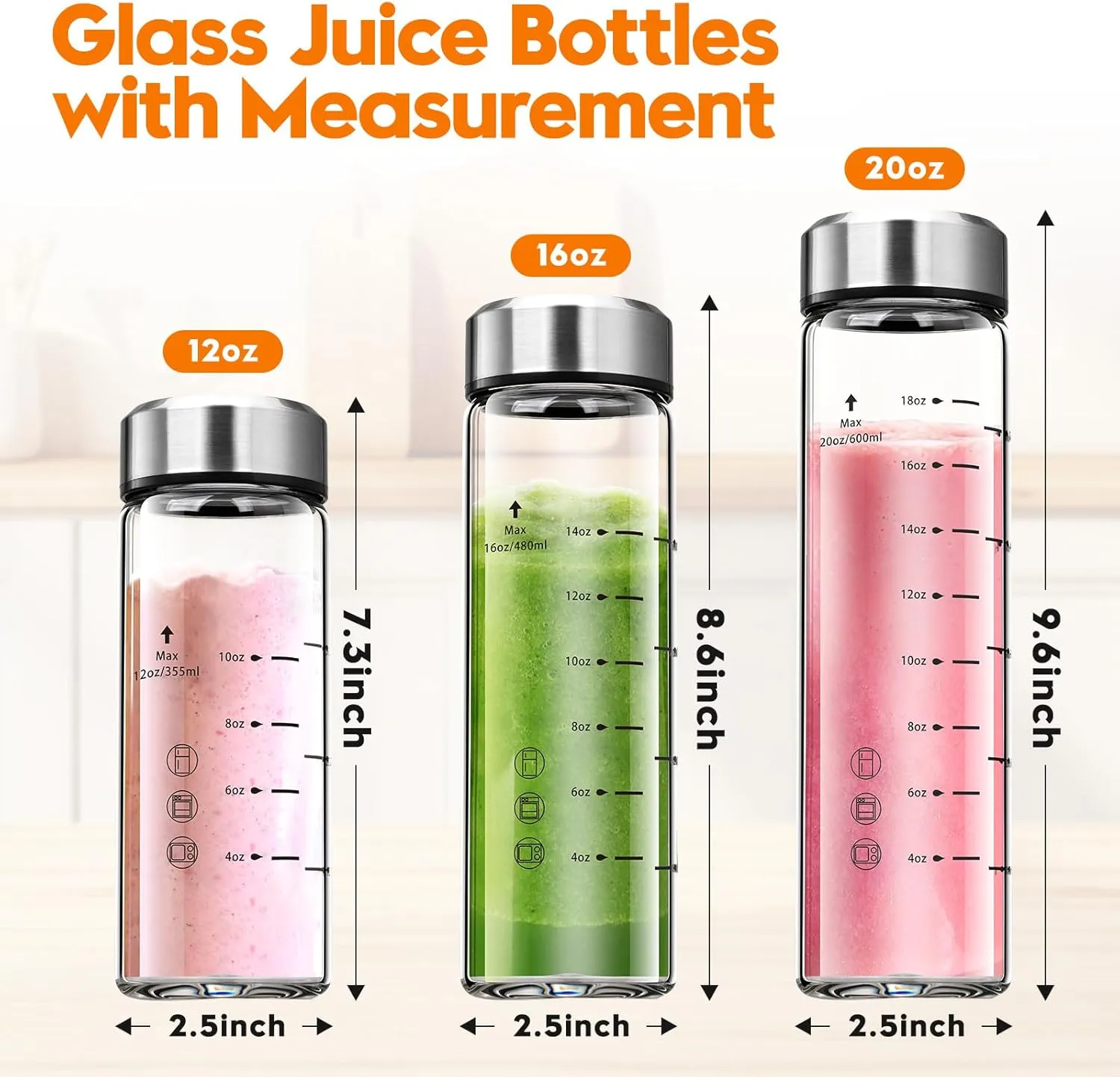 SIEROZUR Glass Juice Bottles 20 oz-2 Pack Leak Proof Wide Mouth Water Bottle with Stainless Steel Lid & Sleeve - for Juicing, Smoothies, Infused Water, Beverage Storage, Eco-Friendly Borosilicate