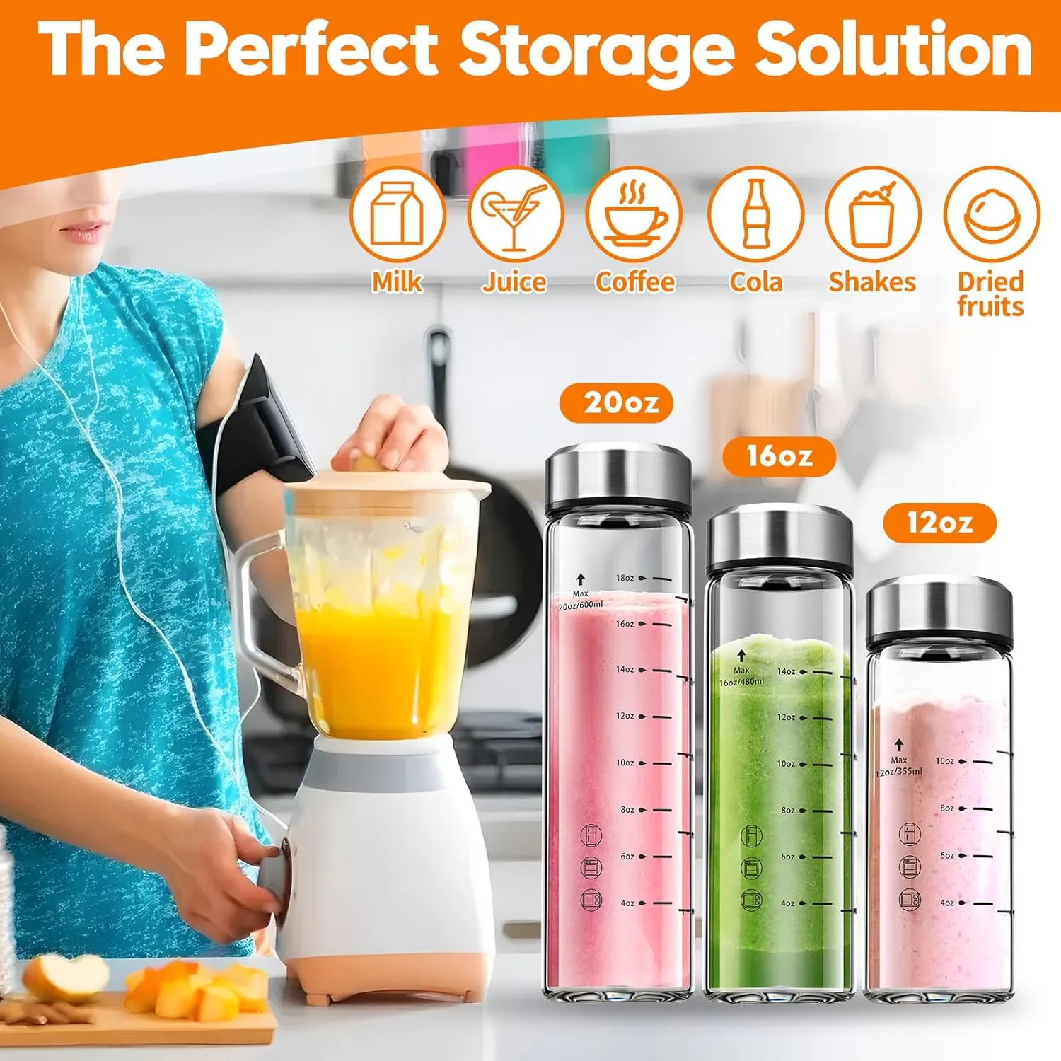 SIEROZUR Glass Juice Bottles 20 oz-4 Pack Leak Proof Wide Mouth Water Bottle with Stainless Steel Lid & Sleeve - for Juicing, Smoothies, Infused Water, Beverage Storage, Eco-Friendly Borosilicate