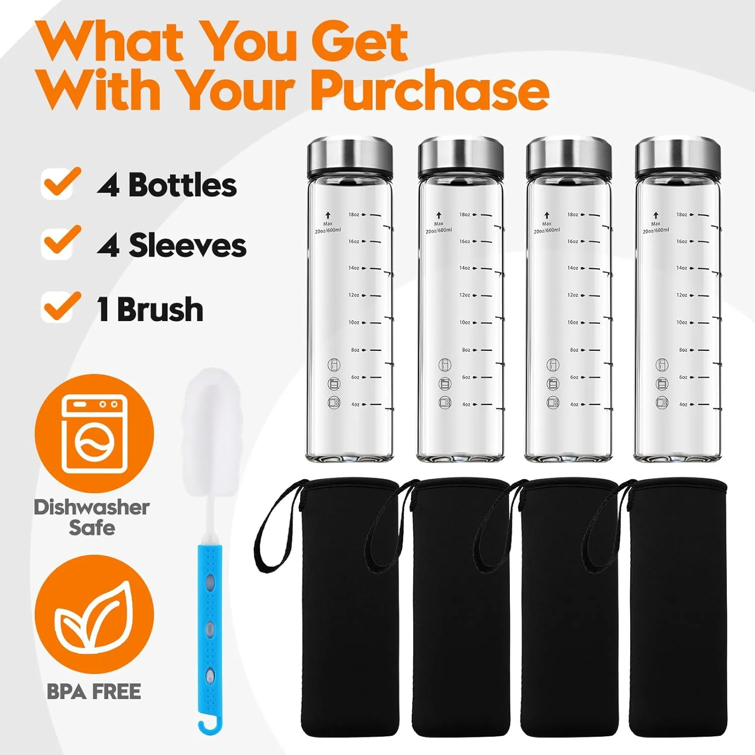 SIEROZUR Glass Juice Bottles 20 oz-4 Pack Leak Proof Wide Mouth Water Bottle with Stainless Steel Lid & Sleeve - for Juicing, Smoothies, Infused Water, Beverage Storage, Eco-Friendly Borosilicate