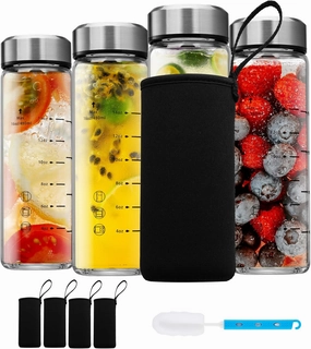 SIEROZUR Glass Juice Bottles 16 oz-4 Pack Leak Proof Wide Mouth Water Bottle with Stainless Steel Lid & Sleeve - for Juicing, Smoothies, Infused Water, Beverage Storage, Eco-Friendly Borosilicate