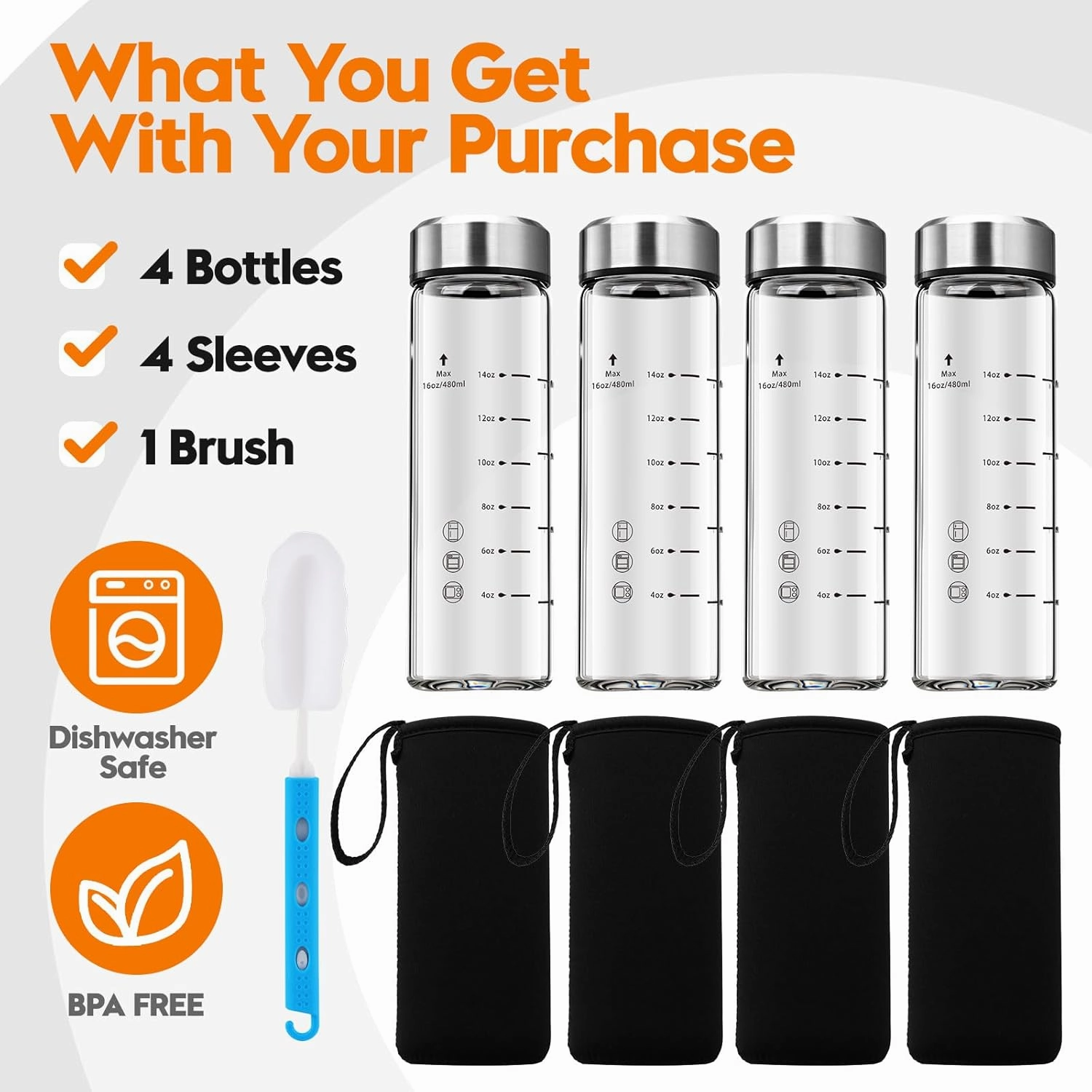 SIEROZUR Glass Juice Bottles 16 oz-4 Pack Leak Proof Wide Mouth Water Bottle with Stainless Steel Lid & Sleeve - for Juicing, Smoothies, Infused Water, Beverage Storage, Eco-Friendly Borosilicate