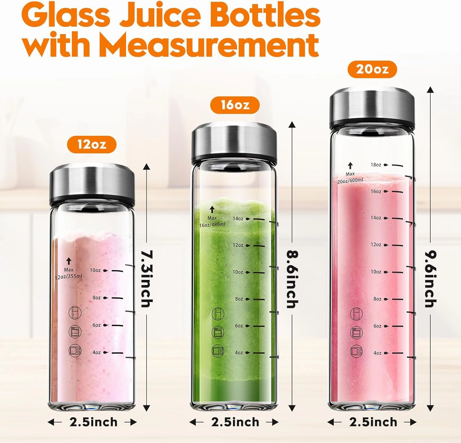 SIEROZUR Glass Juice Bottles 16 oz-4 Pack Leak Proof Wide Mouth Water Bottle with Stainless Steel Lid & Sleeve - for Juicing, Smoothies, Infused Water, Beverage Storage, Eco-Friendly Borosilicate