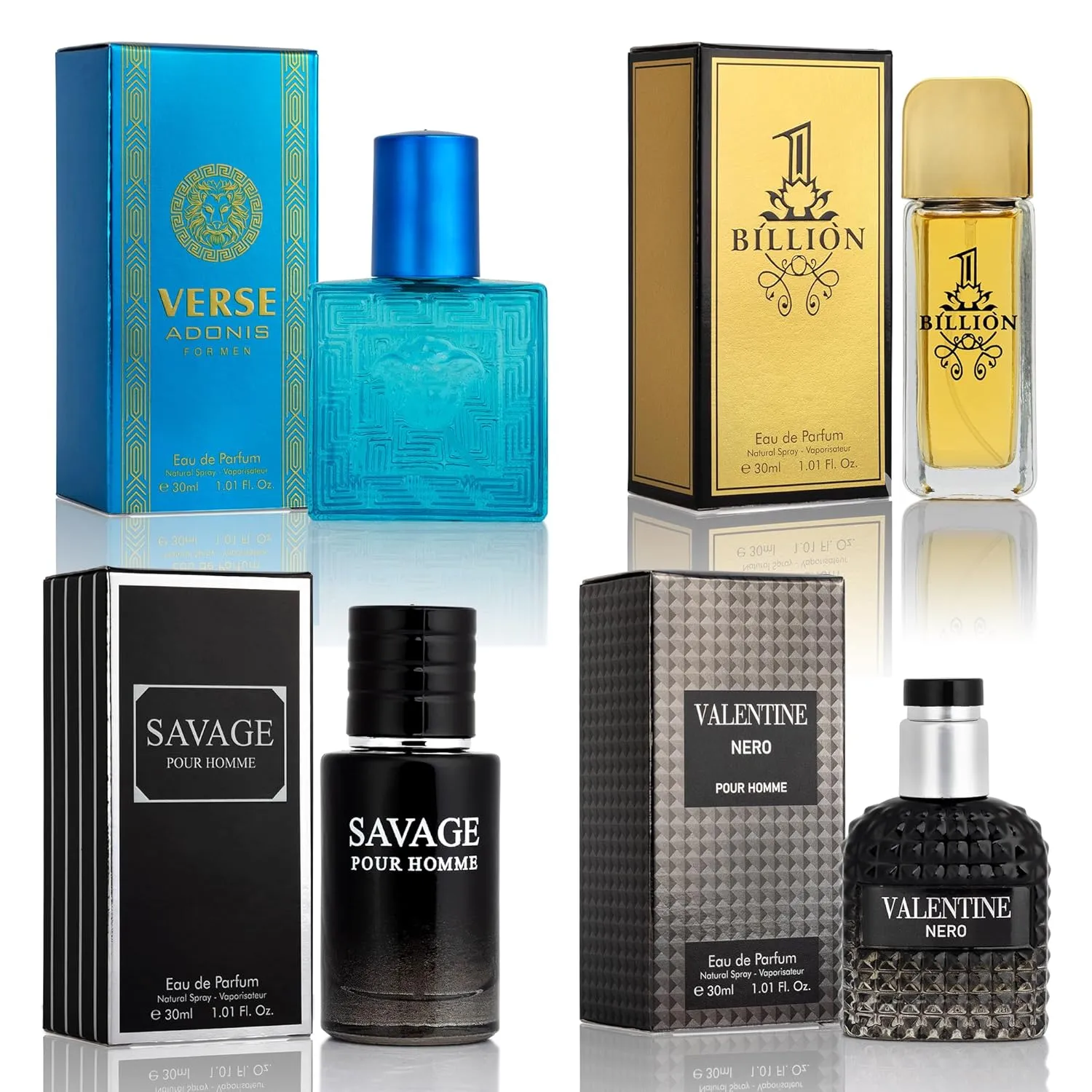 Signature Scent 4-Piece Mini Fragrance Set for Men Includes Savage/1 Billion/Verse/Valentine Collection of Woody, Spicy, Citrus & Aromatic Fragrance Non-Irritating Ingredient Each One in 30ml Bottle