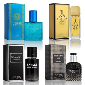 Signature Scent 4-Piece Mini Fragrance Set for Men Includes Savage/1 Billion/Verse/Valentine Collection of Woody, Spicy, Citrus & Aromatic Fragrance Non-Irritating Ingredient Each One in 30ml Bottle