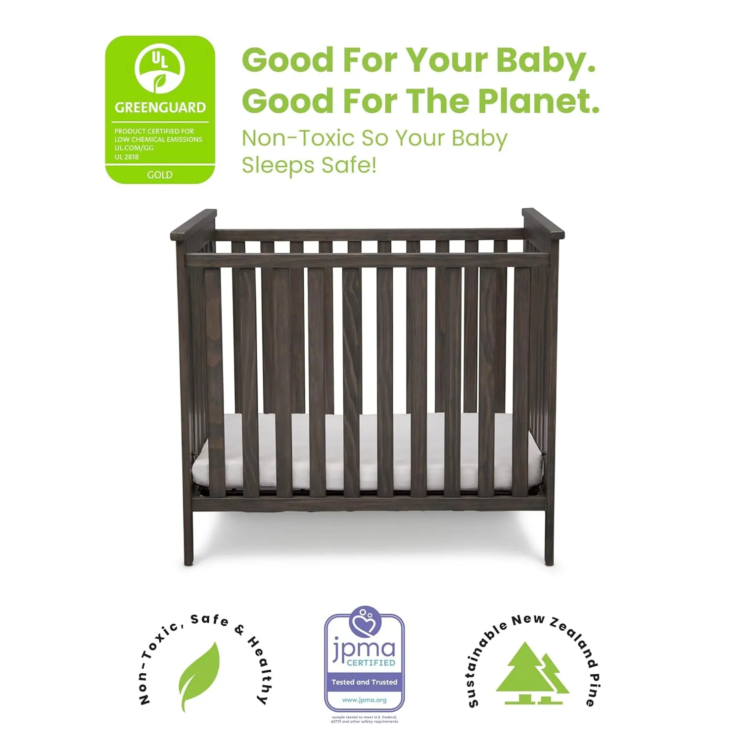 Simmons Kids Monterey Mini Crib with Mattress - Greenguard Gold Certified, Rustic Gray
