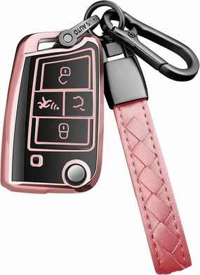 Sindeda for Volkswagen Key Fob Cover with Keychain Soft Full Protection Key Shell Key Case Compatible with VW Tiguan Golf Jetta Polo Atlas Skoda (Rose Gold)