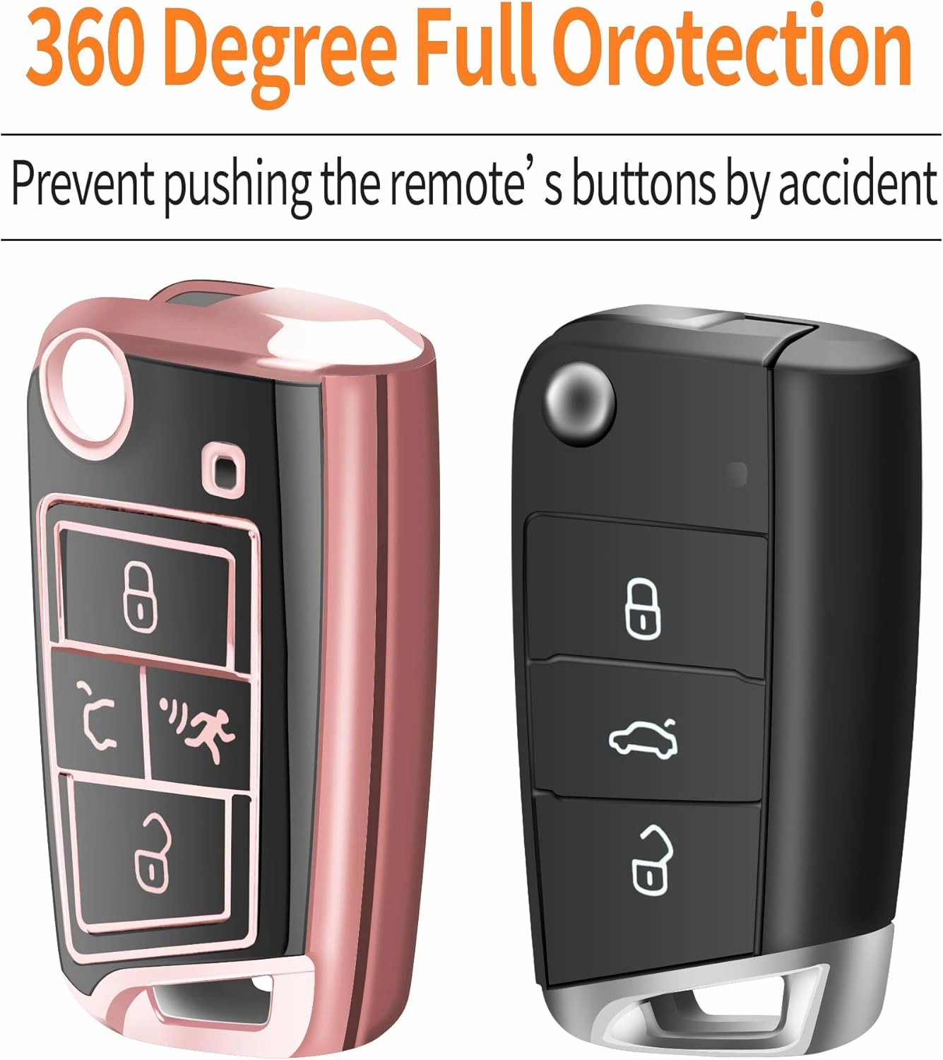 Sindeda for Volkswagen Key Fob Cover with Keychain Soft Full Protection Key Shell Key Case Compatible with VW Tiguan Golf Jetta Polo Atlas Skoda (Rose Gold)