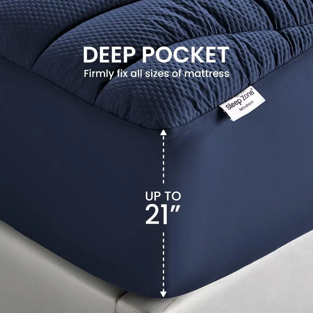 SLEEP ZONE Full Size Cooling Mattress Topper, Premium Zoned Cool Mattress Pad Cover, Padded Mattress Protector Breathable Washable, Deep Pocket 8-21" (Navy, Full)