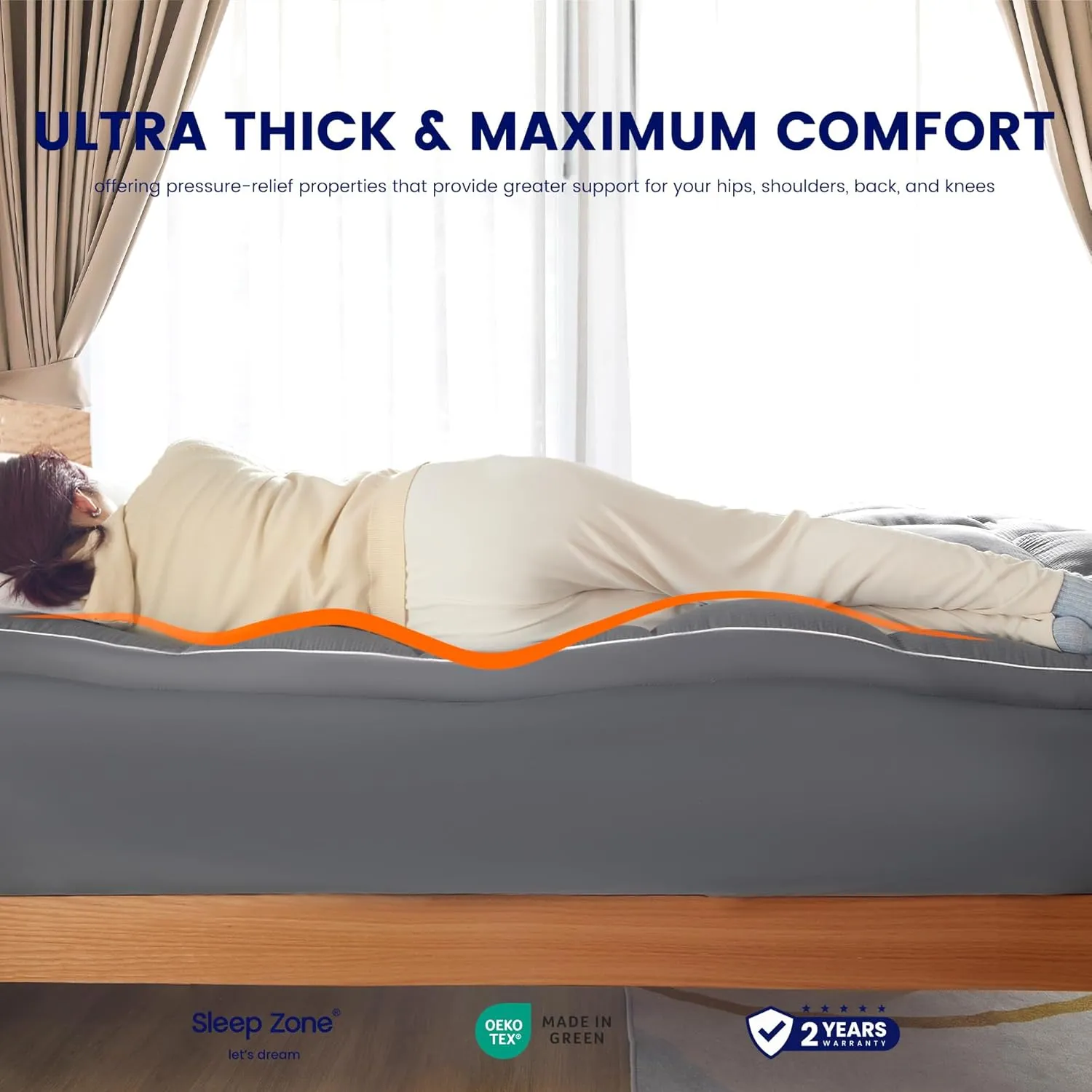 SLEEP ZONE Mattress Topper Queen Size, Extra Thick Fitted Mattress Pad for Back Pain, Plush and Support Mattress Cover, Deep Pockets Mattress Protector, Hotel Quality (Grey, Queen)