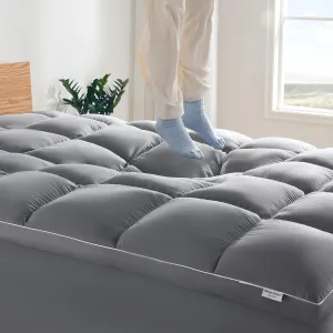 SLEEP ZONE Mattress Topper Queen Size, Extra Thick Fitted Mattress Pad for Back Pain, Plush and Support Mattress Cover, Deep Pockets Mattress Protector, Hotel Quality (Grey, Queen)