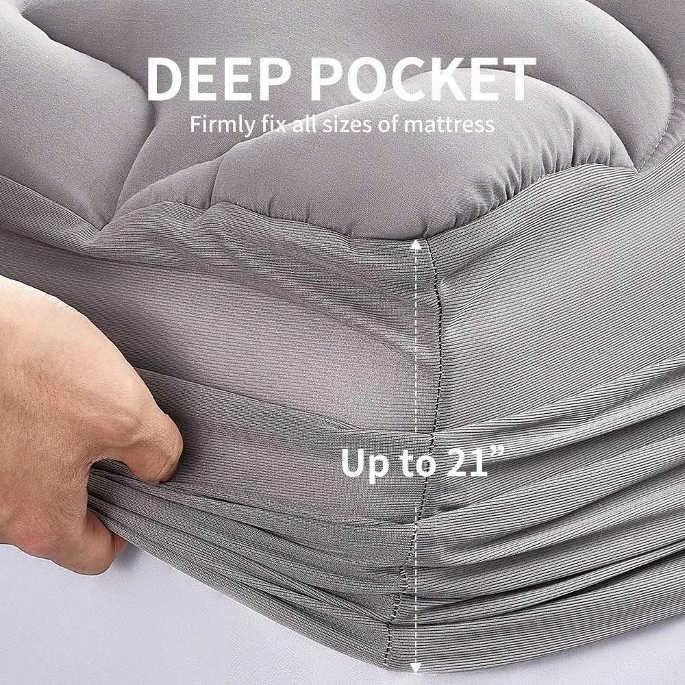 SLEEP ZONE Mattress Topper Twin, Cooling Mattress Pad, Quilted Fitted Mattress Cover, Machine Washable Mattress Protector, Soft Fluffy Down Alternative, Deep Pocket 8~21 inch (Grey, Twin)