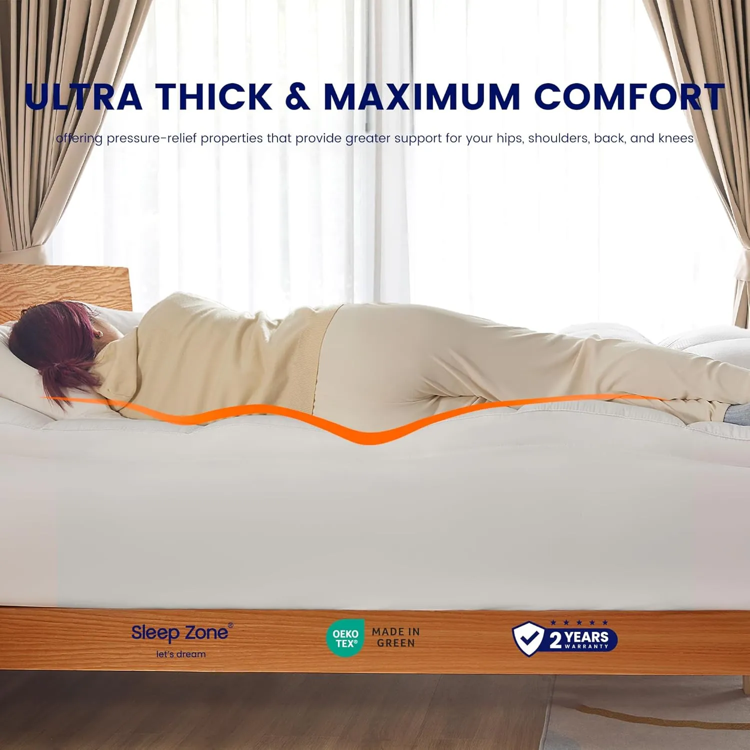 SLEEP ZONE Queen Mattress Protector, Deep Pocket Mattress Pad Cover, Thick Fitted Mattress Topper for Back Pain, Hotel Quality (White, Queen)