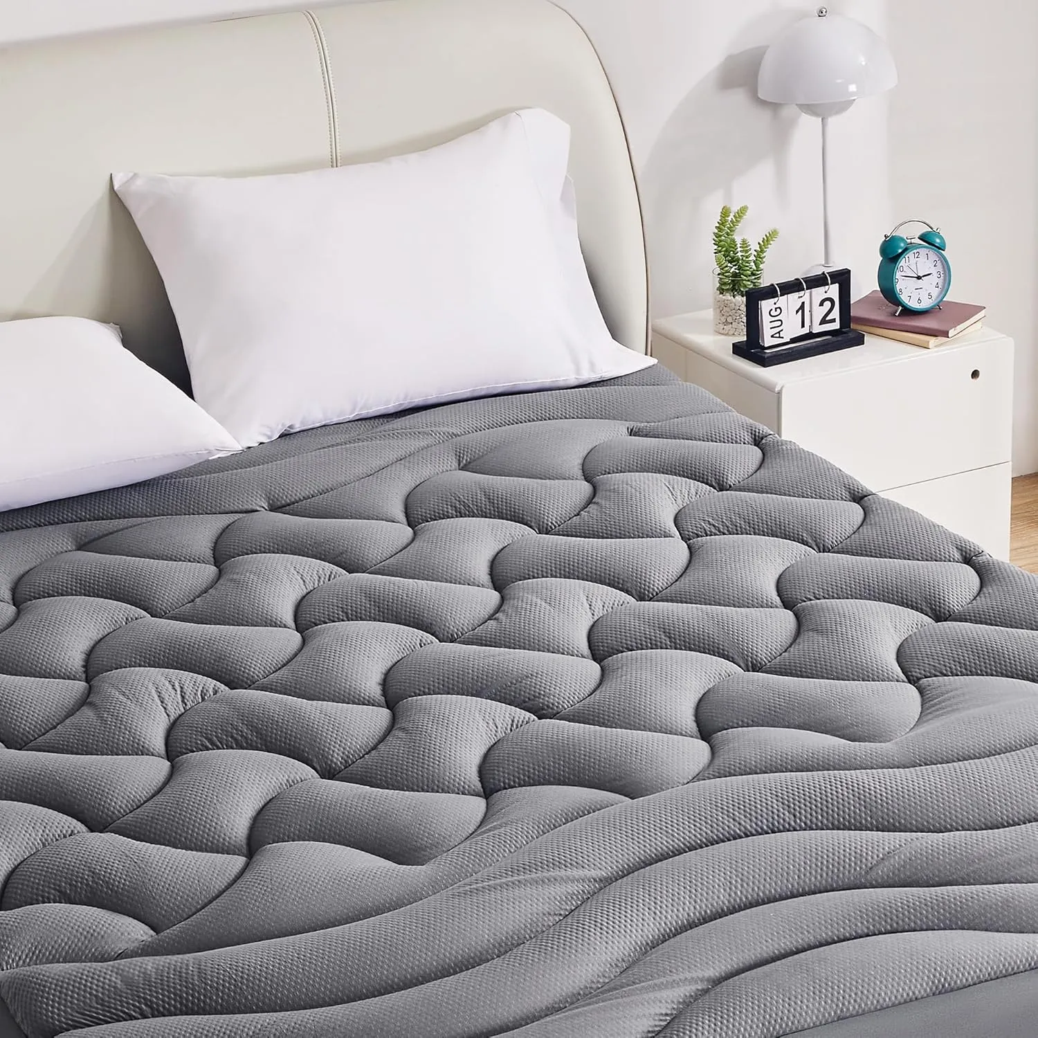 SLEEP ZONE Waterproof Mattress Pad Queen Size Deep Pockets, Extra Thick Fitted Cover for Back Pain, 60 x 80 Inches (Grey, Queen)