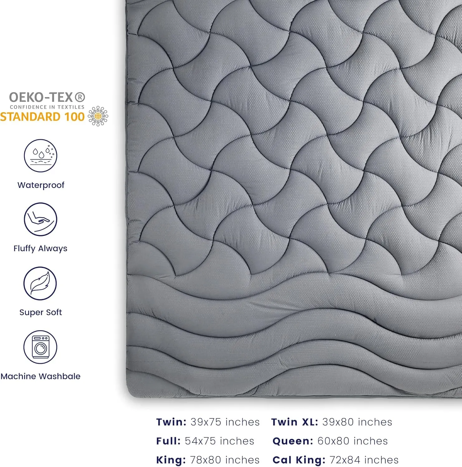 SLEEP ZONE Waterproof Mattress Pad Queen Size Deep Pockets, Extra Thick Fitted Cover for Back Pain, 60 x 80 Inches (Grey, Queen)