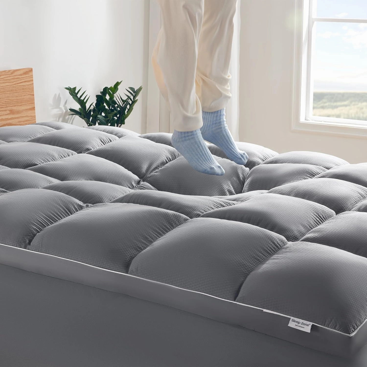 SLEEP ZONE Mattress Topper King Size, Extra Thick Fitted Mattress Pad for Back Pain, Plush and Support Mattress Cover, Deep Pockets Mattress Protector, Hotel Quality (Grey, King)