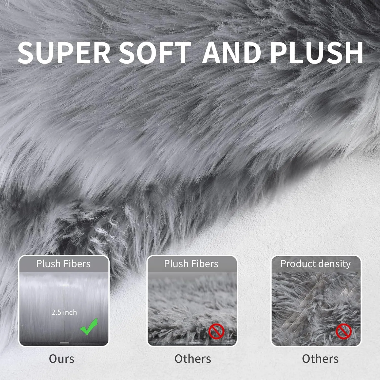Small Faux Fur Rug, 2x4 ft Ultra Soft Sheepskin Rug Chair Sofa Cover Seat Pad, Grey Fluffy Shag Rug for Bedroom Nursery Kids Room, Gray Shaggy Rug Fuzzy Plush Floor Carpets, Cute Dorm Home Decor