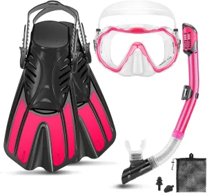 Snorkeling Gear for Adults, 4 in 1 Travel Size Mask Fins Snorkel Set with Panoramic View Anti Fog Mask, Dry Top Snorkel, Trek Fins and Travel Bag, Snorkel Gear for Swimming Diving Snorkeling