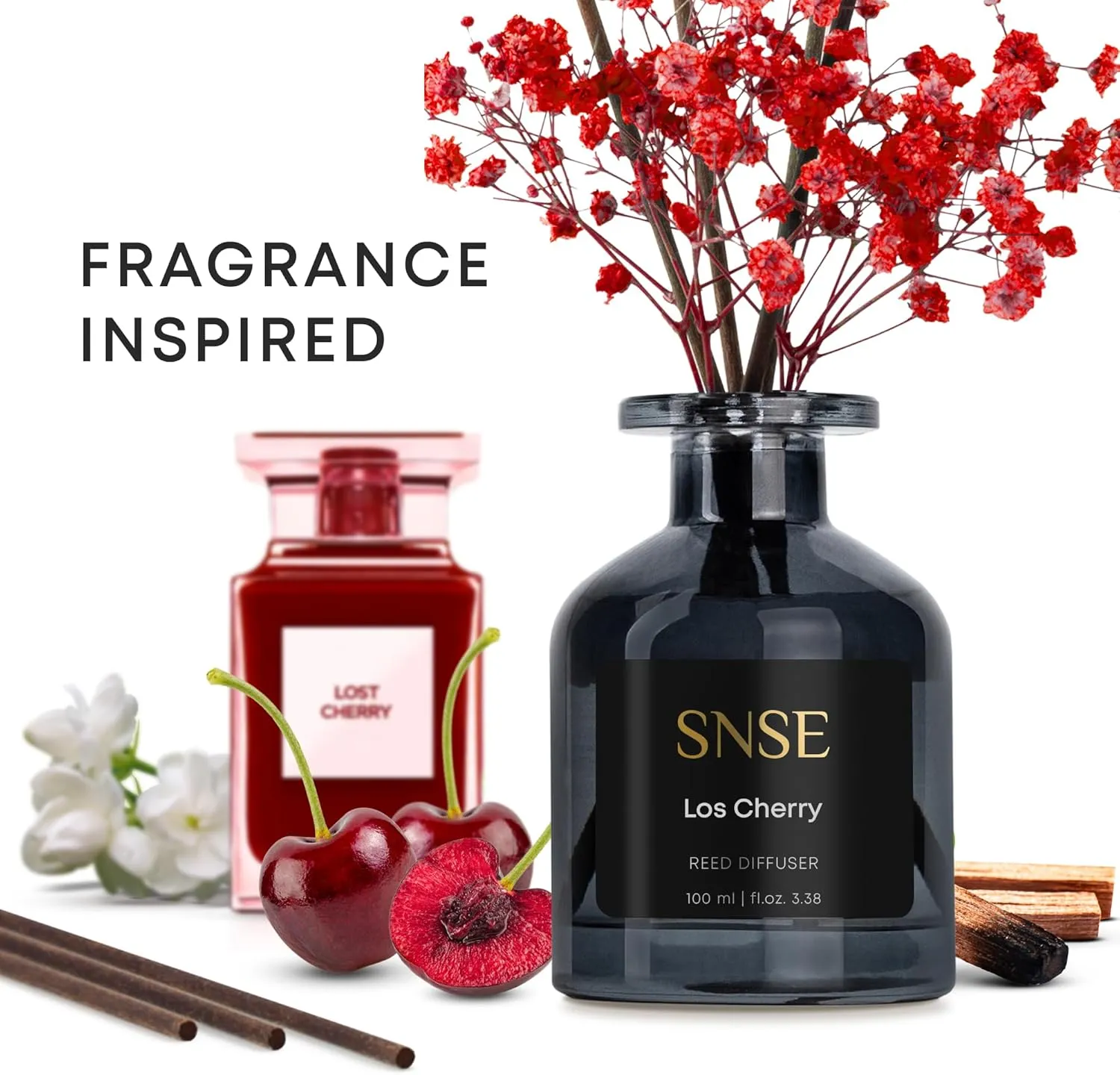 SNSE Los Cherry with Flowers Reed Diffuser Set | 3.38 oz Scent Fragrance Oil Diffuser for Bedroom, Bathroom, Home Décor and Gift, Decorative Air Fresheners with Sticks