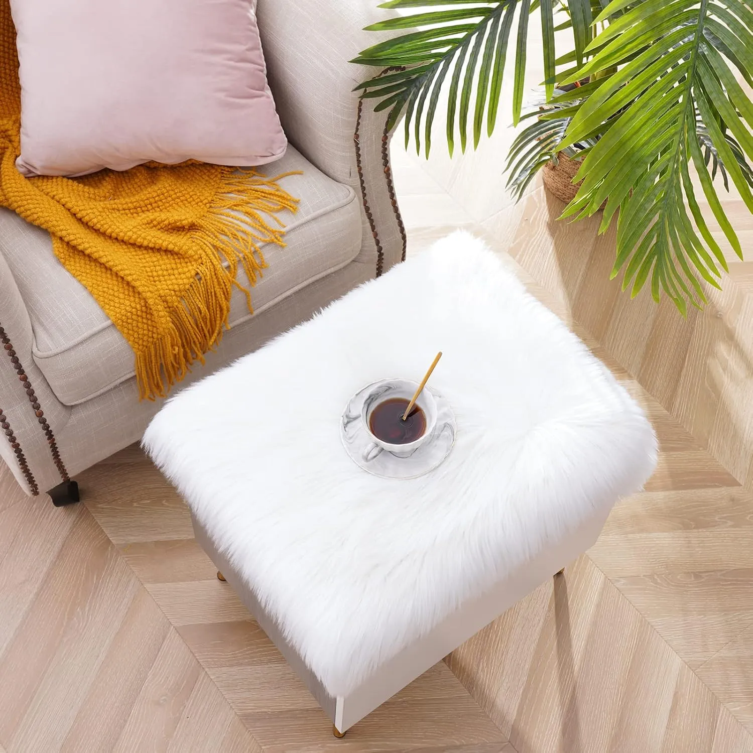 Softlife Square Faux Fur Sheepskin Chair Cover Seat Cushion Pad Super Soft Area Rugs for Living Bedroom Sofa (1.6ft x 1.6ft, White, pack of 2)