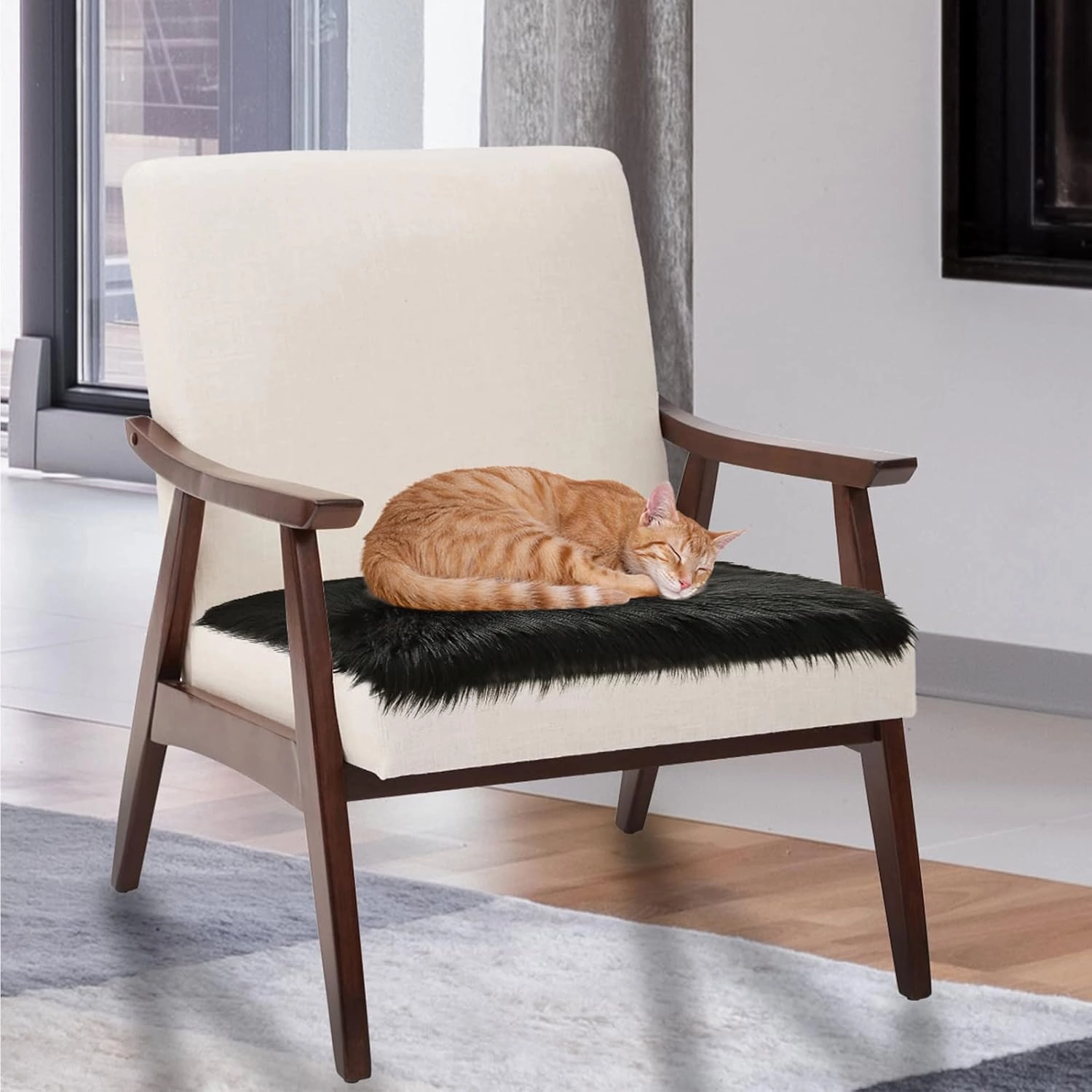 Softlife Black Faux Fur Sheepskin Chair Cover Seats Cushion Pad Super Soft Area Rugs for Living Bedroom Sofa Dorm (1.6ft x 1.6ft)