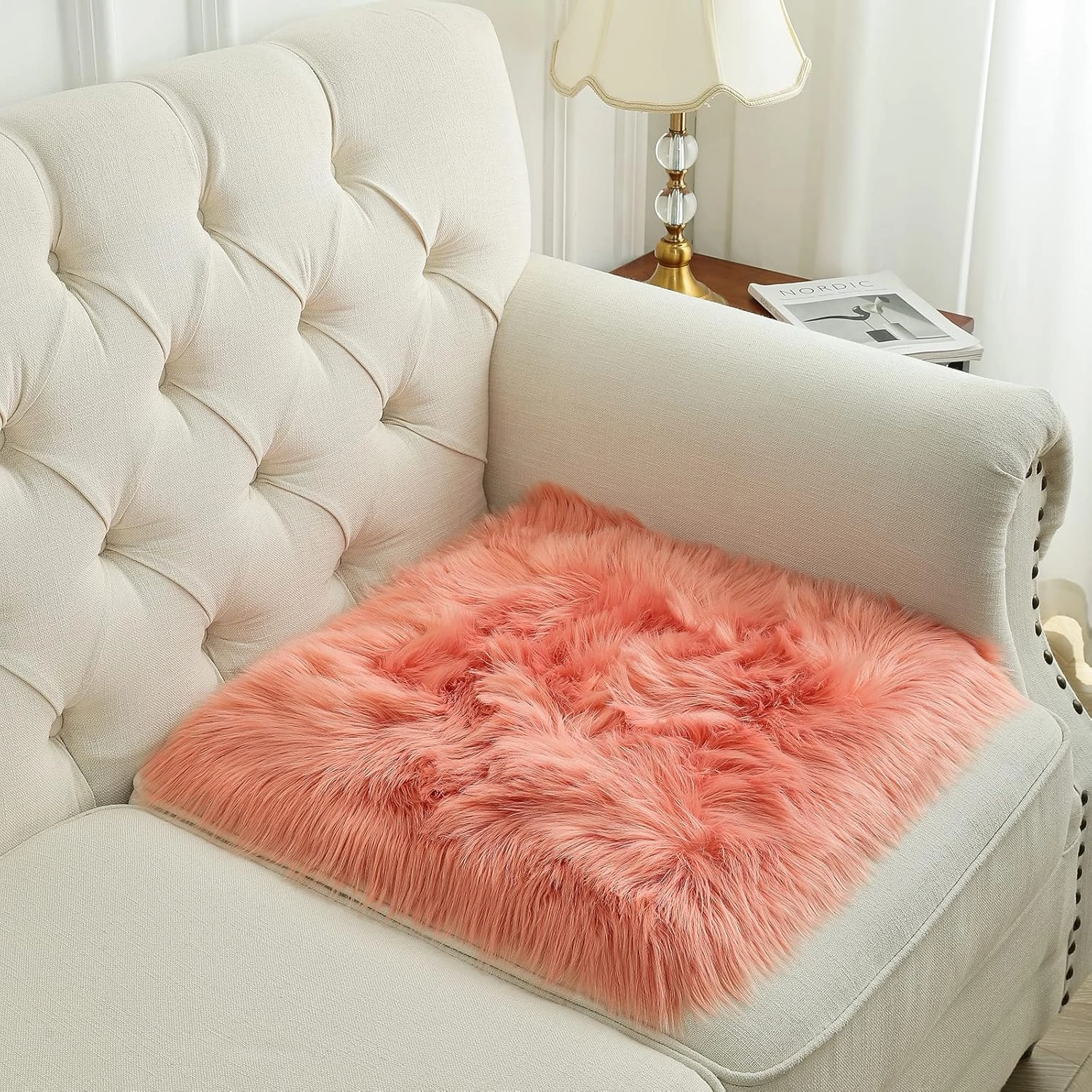 Softlife Square Faux Fur Sheepskin Chair Cover Seat Cushion Pad Super Soft Area Rugs for Living Bedroom Sofa (1.6ft x 1.6ft, Coral) 1 pack