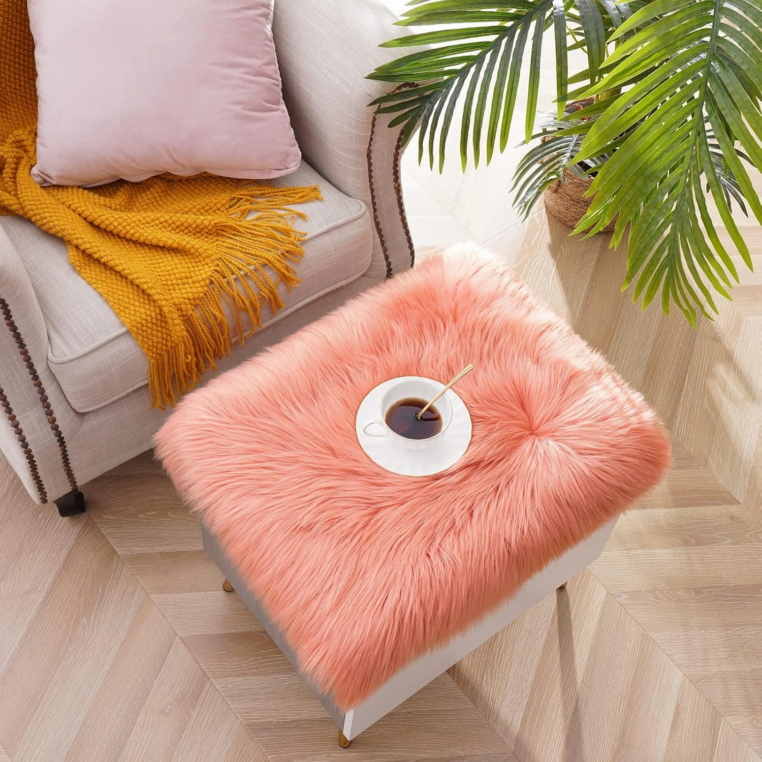 Softlife Square Faux Fur Sheepskin Chair Cover Seat Cushion Pad Super Soft Area Rugs for Living Bedroom Sofa (1.6ft x 1.6ft, Coral) 1 pack