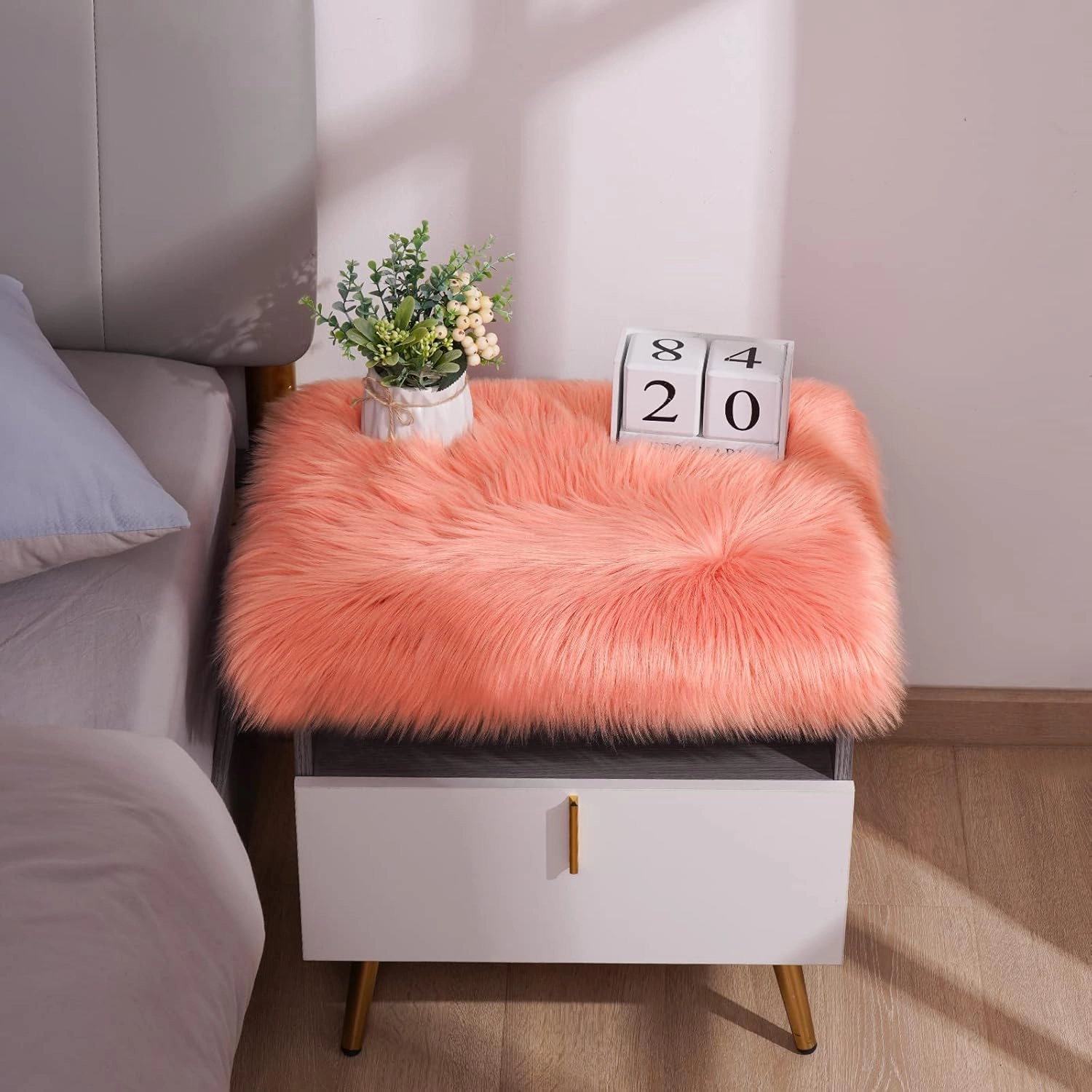 Softlife Square Faux Fur Sheepskin Chair Cover Seat Cushion Pad Super Soft Area Rugs for Living Bedroom Sofa (1.6ft x 1.6ft, Coral) 1 pack