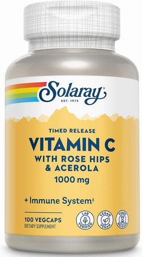 SOLARAY Vitamin C 1000mg - Time Release Vitamin C Capsules w/Rose HIPS and Acerola for Bioflavonoid Support - Two-Stage, All-Day Immune Support - Vegan, 60 Day Guarantee, 100 Servings, 100 VegCaps