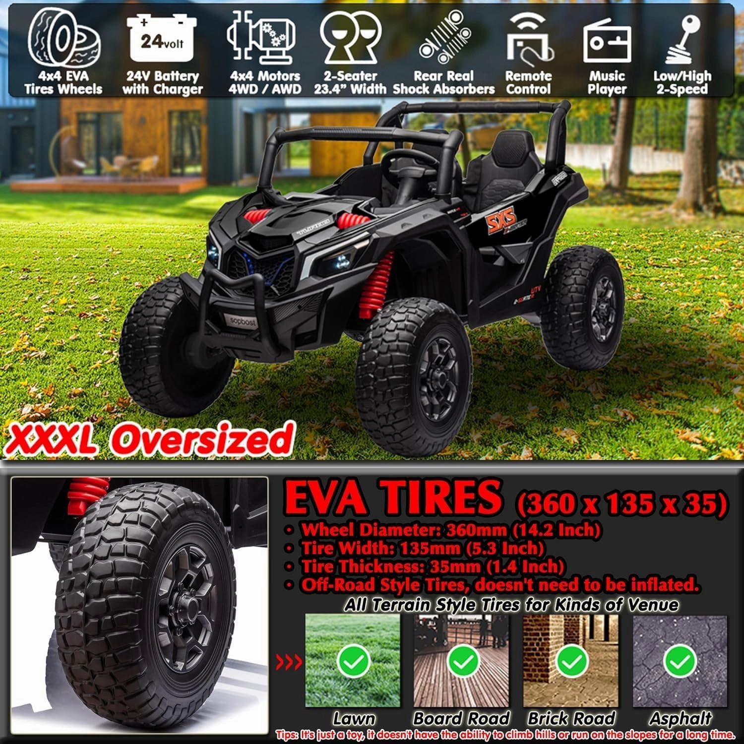 sopbost XXXL 24V Ride On Car with Remote Control 2 Seater Kids UTV 4x4 Electric Vehicle Ride On Toy Car with EVA Tires Wheels, 4x200W Motors, Bluetooth, Black