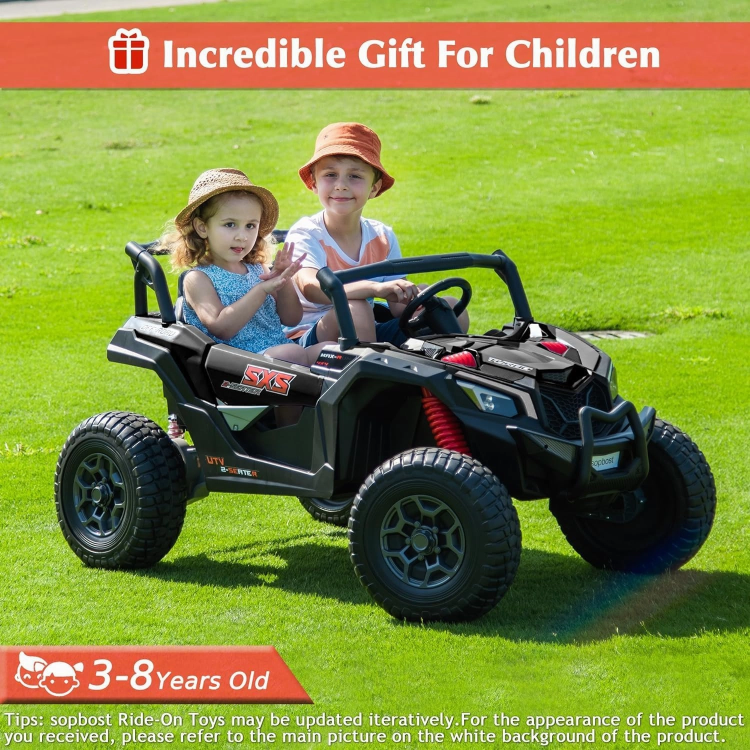 sopbost XXXL 24V Ride On Car with Remote Control 2 Seater Kids UTV 4x4 Electric Vehicle Ride On Toy Car with EVA Tires Wheels, 4x200W Motors, Bluetooth, Black