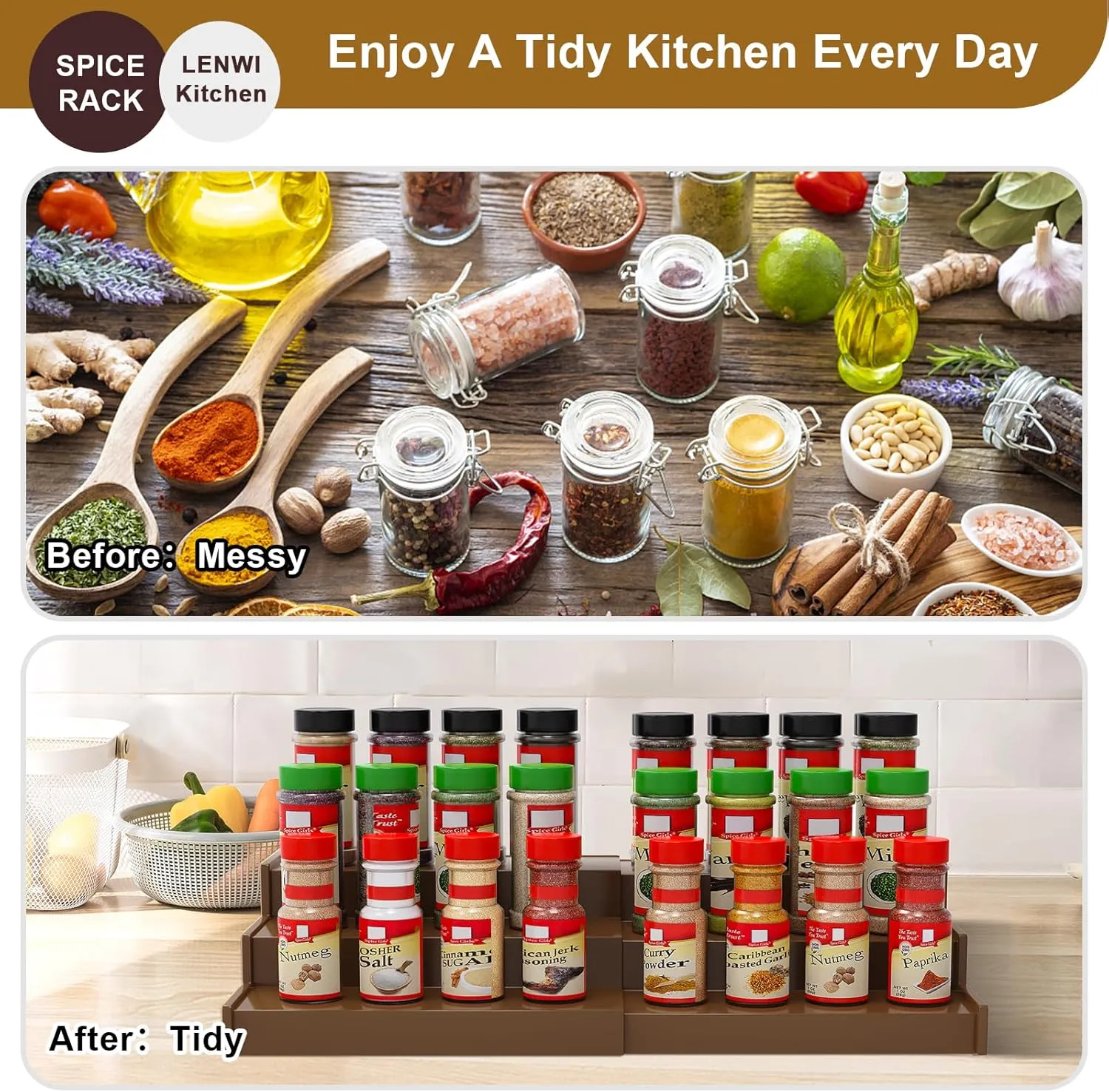 Spice Rack Organizer for Cabinet, 3 Tier Expandable Bamboo Spice Storage, Great for Kitchen Cabinet, Cupboard,Pantry and More(Brown)