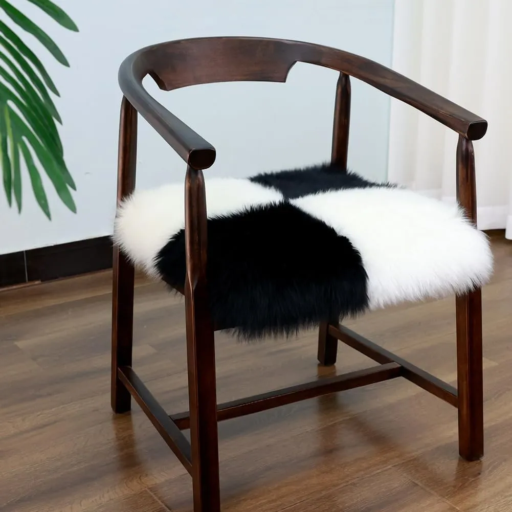 Square Fur Sheepskin Chair Cover Seat Cushion Pad Super Soft Area Rugs for Living Bedroom Sofa 18" x 18" (Pack of 1), Black & White Plaid