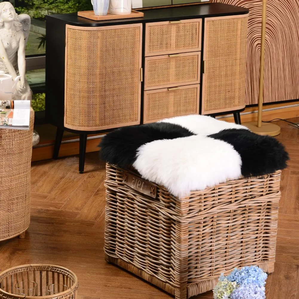 Square Fur Sheepskin Chair Cover Seat Cushion Pad Super Soft Area Rugs for Living Bedroom Sofa 18" x 18" (Pack of 1), Black & White Plaid