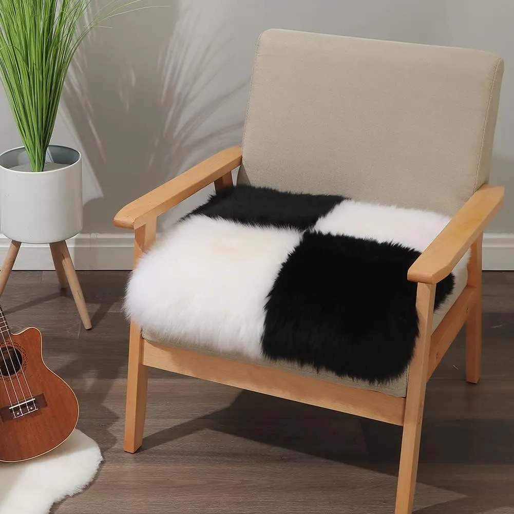 Square Fur Sheepskin Chair Cover Seat Cushion Pad Super Soft Area Rugs for Living Bedroom Sofa 18" x 18" (Pack of 1), Black & White Plaid
