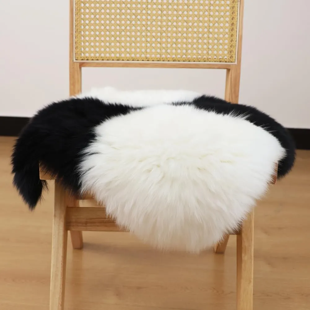 Square Fur Sheepskin Chair Cover Seat Cushion Pad Super Soft Area Rugs for Living Bedroom Sofa 18" x 18" (Pack of 1), Black & White Plaid