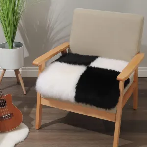 Square Fur Sheepskin Chair Cover Seat Cushion Pad Super Soft Area Rugs for Living Bedroom Sofa 18" x 18" (Pack of 1), Black & White Plaid