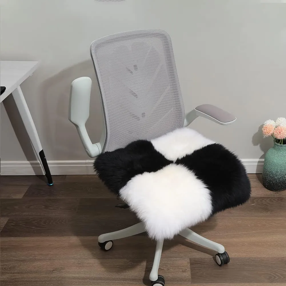 Square Fur Sheepskin Chair Cover Seat Cushion Pad Super Soft Area Rugs for Living Bedroom Sofa 18" x 18" (Pack of 1), Black & White Plaid