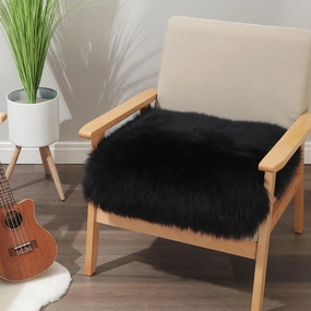 Square Fur Sheepskin Chair Cover Seat Cushion Pad Super Soft Area Rugs for Living Bedroom Sofa 18" x 18" (Black, 18" x 18" (Pack of 1))