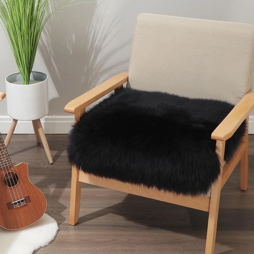 Square Fur Sheepskin Chair Cover Seat Cushion Pad Super Soft Area Rugs for Living Bedroom Sofa 18" x 18" (Black, 18" x 18" (Pack of 1))