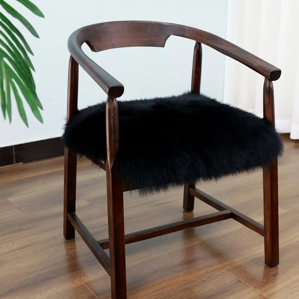 Square Fur Sheepskin Chair Cover Seat Cushion Pad Super Soft Area Rugs for Living Bedroom Sofa 18" x 18" (Black, 18" x 18" (Pack of 1))