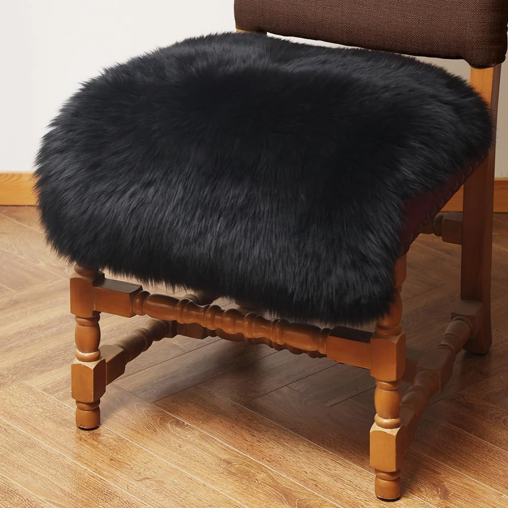 Square Fur Sheepskin Chair Cover Seat Cushion Pad Super Soft Area Rugs for Living Bedroom Sofa 18" x 18" (Black, 18" x 18" (Pack of 1))
