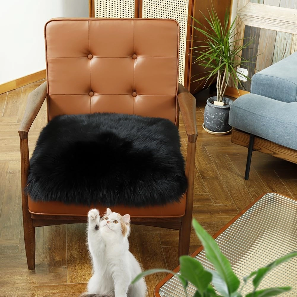 Square Fur Sheepskin Chair Cover Seat Cushion Pad Super Soft Area Rugs for Living Bedroom Sofa 18" x 18" (Black, 18" x 18" (Pack of 1))