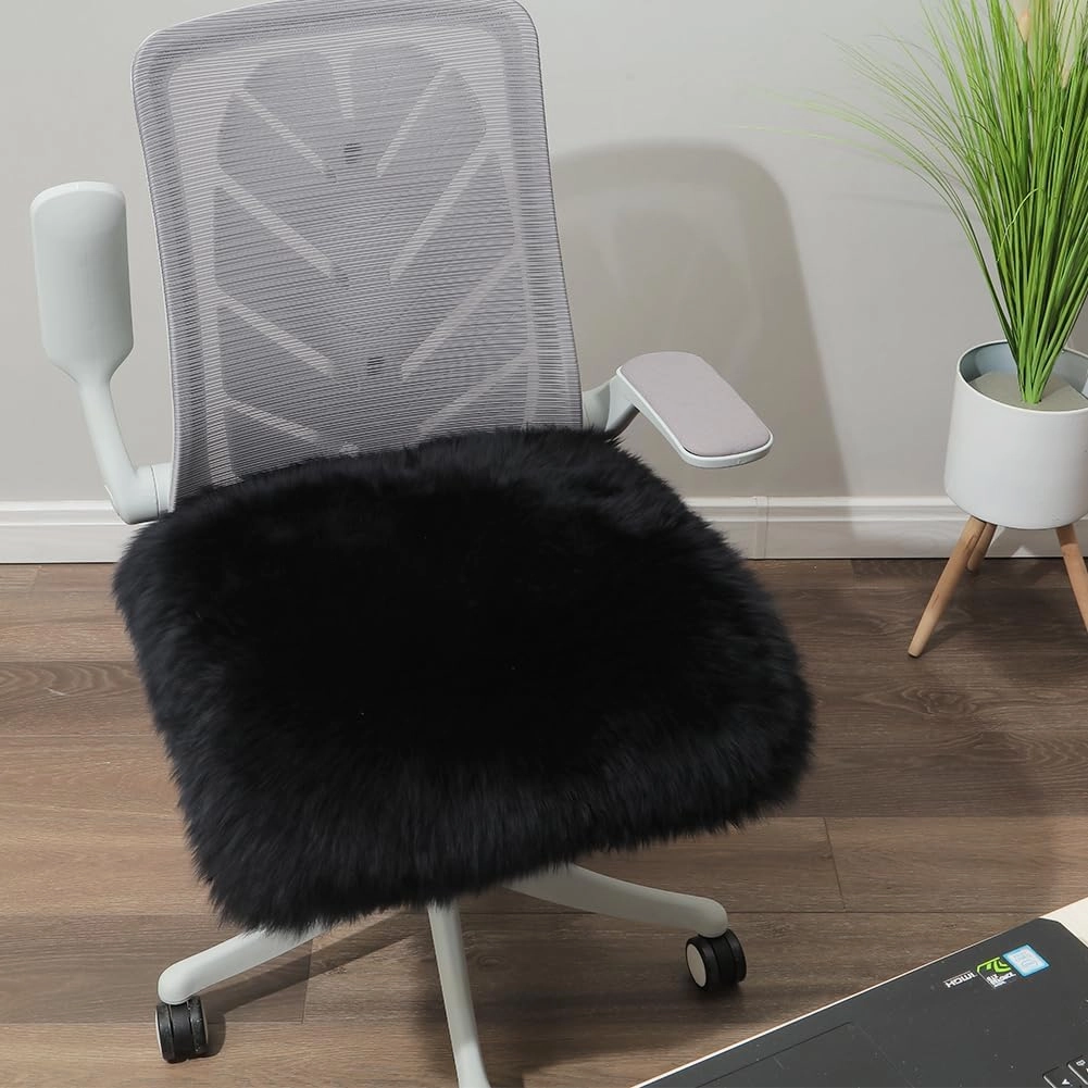 Square Fur Sheepskin Chair Cover Seat Cushion Pad Super Soft Area Rugs for Living Bedroom Sofa 18" x 18" (Black, 18" x 18" (Pack of 1))