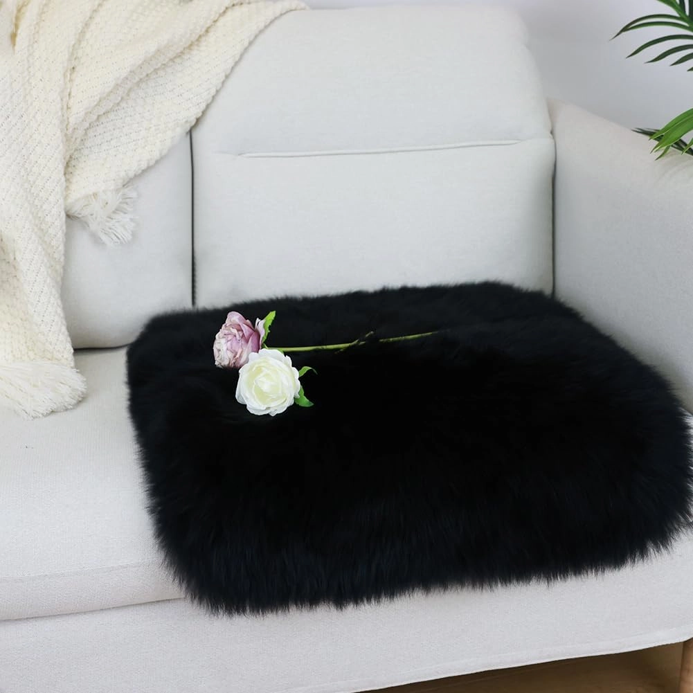 Square Fur Sheepskin Chair Cover Seat Cushion Pad Super Soft Area Rugs for Living Bedroom Sofa 18" x 18" (Black, 18" x 18" (Pack of 1))