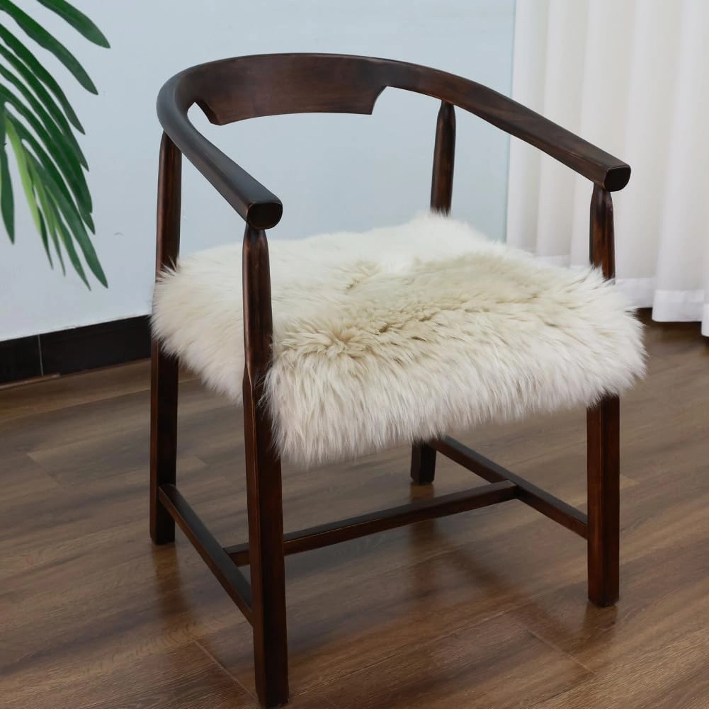 Square Fur Sheepskin Chair Cover Seat Cushion Pad Super Soft Area Rugs for Living Bedroom Sofa 18" x 18" (Creamy Gray, 18" x 18" (Pack of 1))