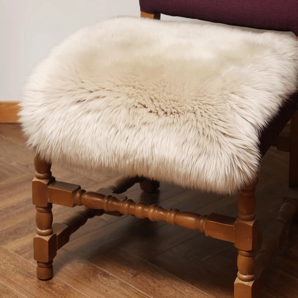 Square Fur Sheepskin Chair Cover Seat Cushion Pad Super Soft Area Rugs for Living Bedroom Sofa 18" x 18" (Creamy Gray, 18" x 18" (Pack of 1))