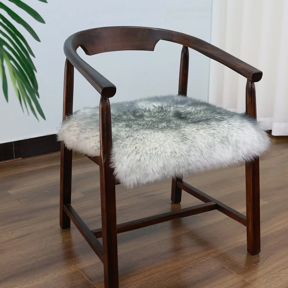 Square Fur Sheepskin Chair Cover Seat Cushion Pad Super Soft Area Rugs for Living Bedroom Sofa 18" x 18" (Gray Tip, 18" x 18" (Pack of 1))